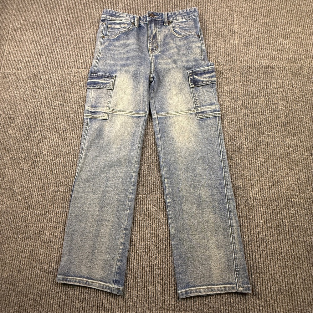Rock Salt Boys Size 18 Blue Denim Cargo Jeans Straight‎ Leg Medium Wash